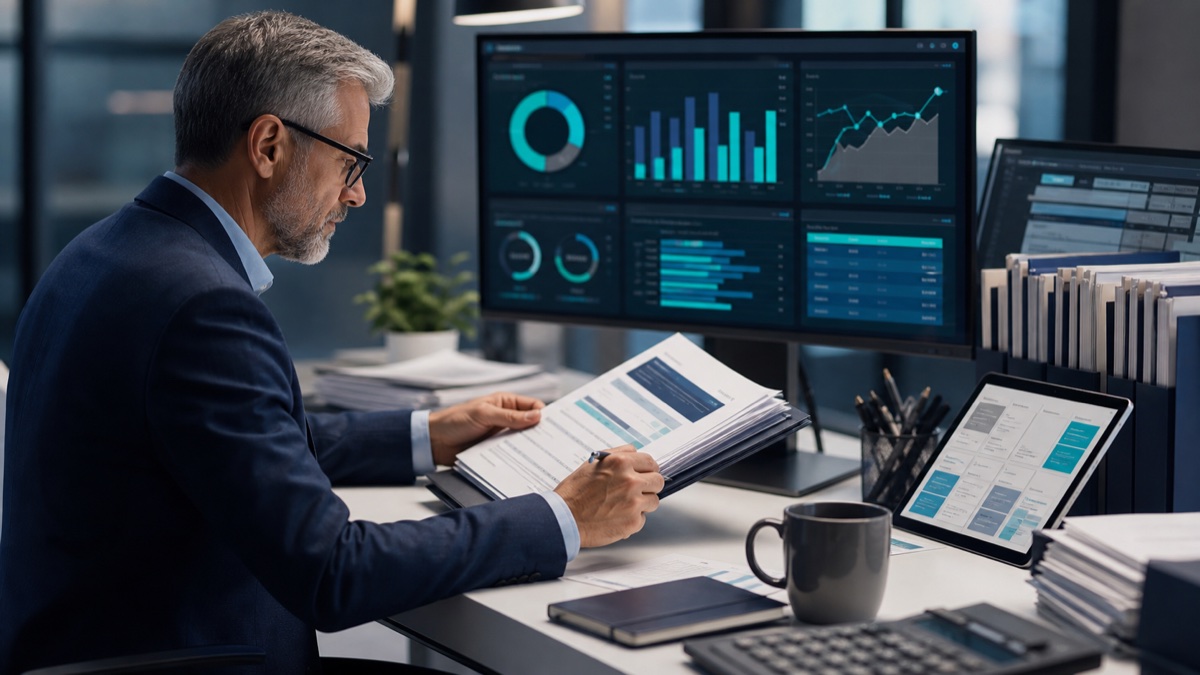Revenue cycle specialist reviewing complex NPWT claim dashboard and appeal records